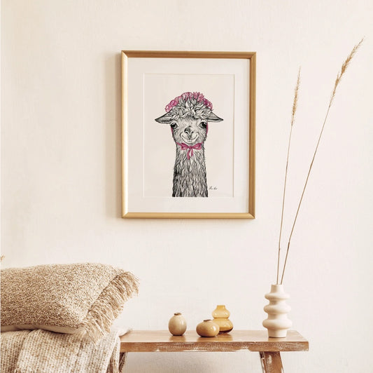 Premium Art Print - Henrietta-Llama Pink ribbon and Hat