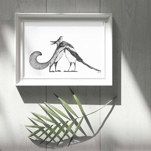 Premium Art Print - cuddles with the magpie and the fox