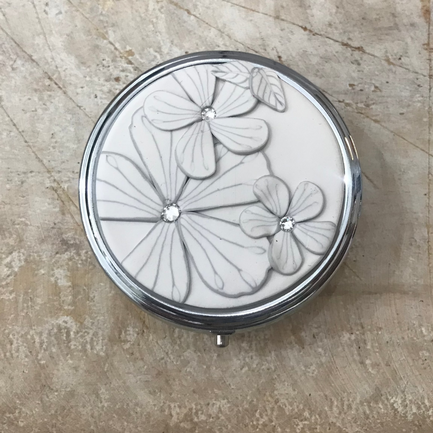 “White Botanics” Swarovski embellished 60mm Vitamin~ Pill box by Stephanie Fraselle - Artisan Jewellery Design