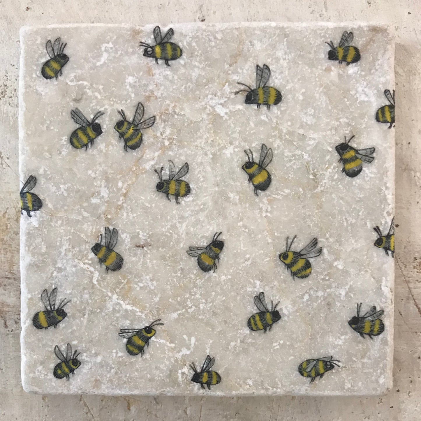 Natural stone art tiles SET OF THREE “Bear & Bee/ Bees / flowers