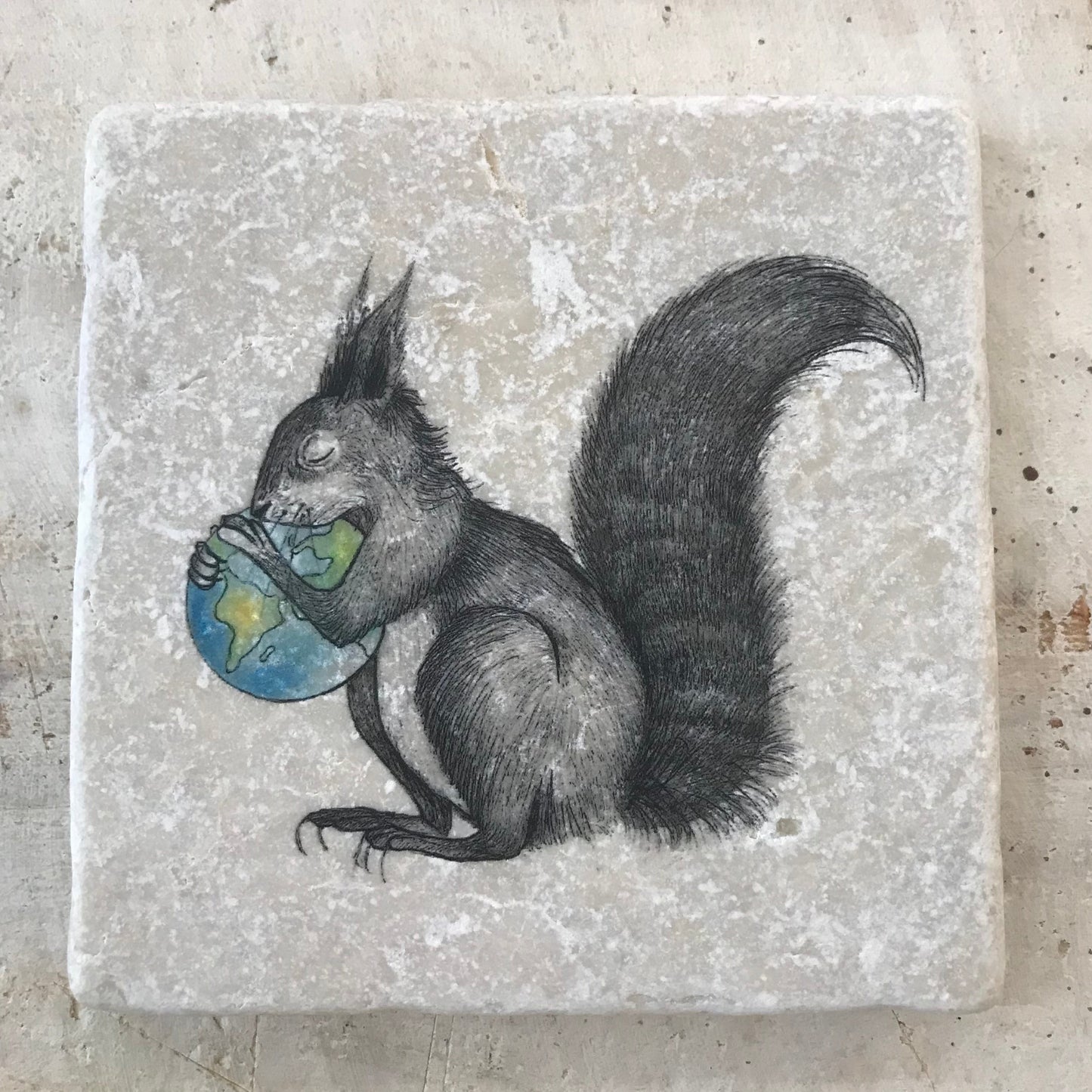 Natural stone art tile “ Squirrel Holding The World”