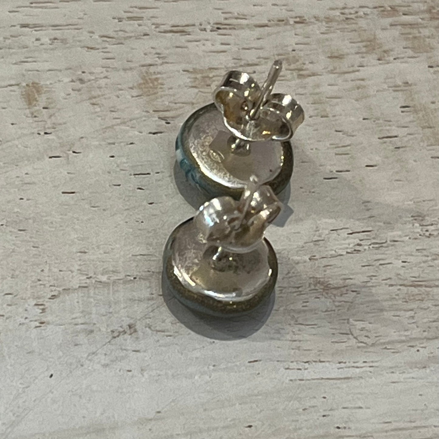 Handcrafted sterling silver stud earrings with 8mm mosaic polymer clay cabochons in twilight tones, made by Stephanie Fraselle in Lanzarote
