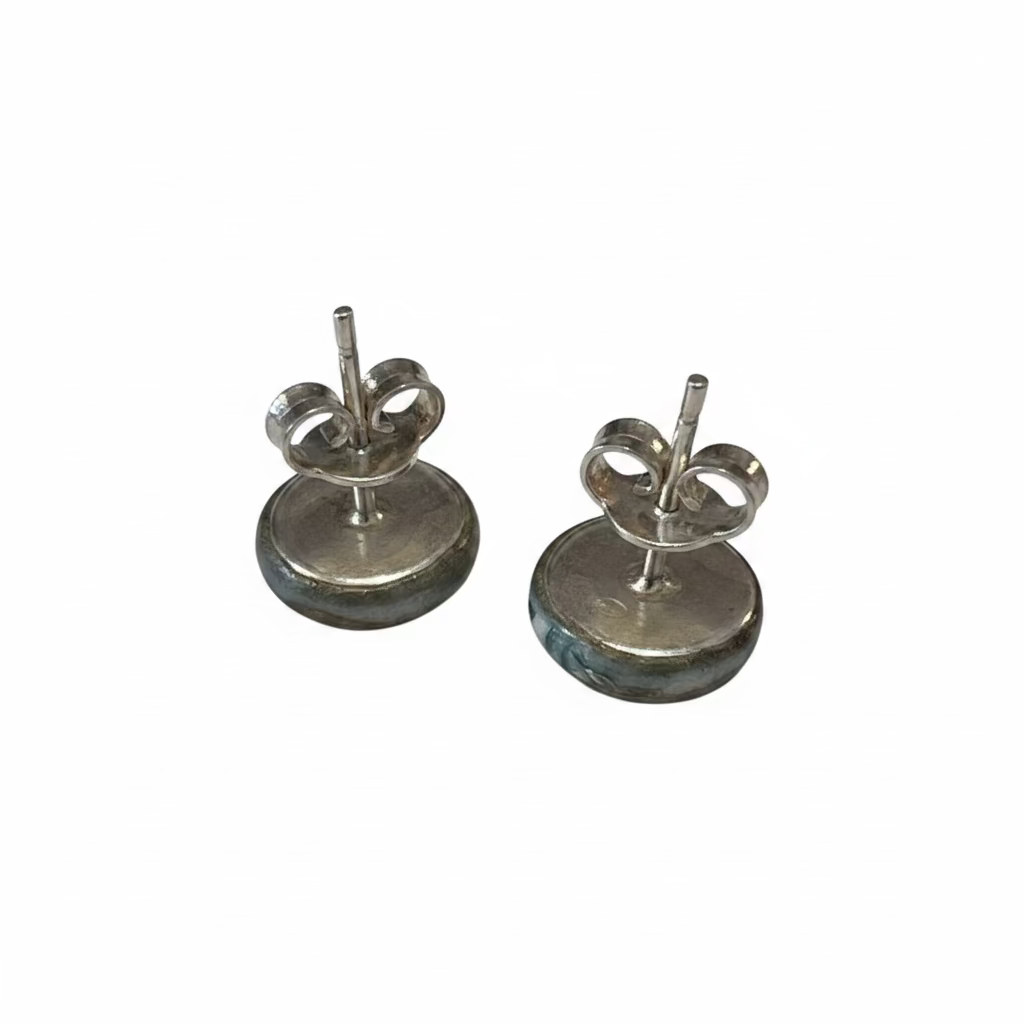 Handcrafted sterling silver stud earrings with 8mm mosaic polymer clay cabochons in twilight tones, made by Stephanie Fraselle in Lanzarote