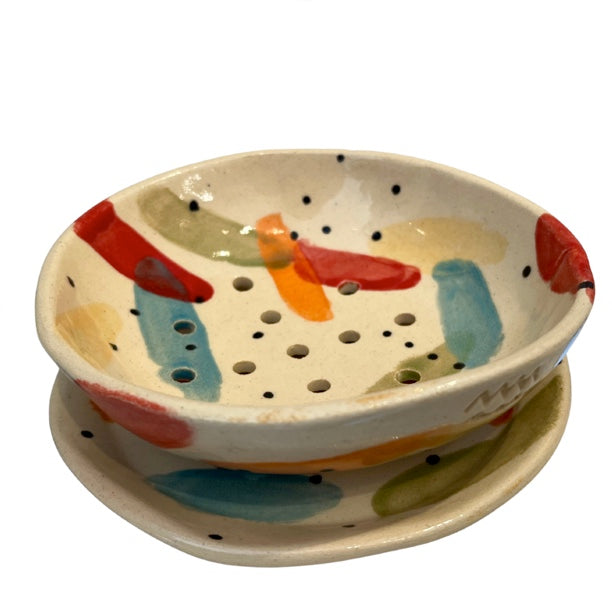 Handcrafted ceramic fruit colander with drip plate in colorful glaze from the Tutti series