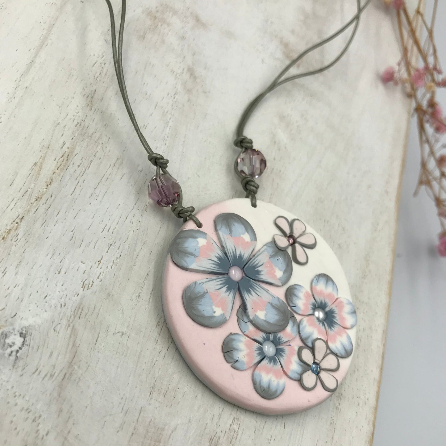 “Pastel Hues” 57mm Round pendant - Swarovski crystals - Leather cord by Stephanie Fraselle - Artisan Jewellery Design