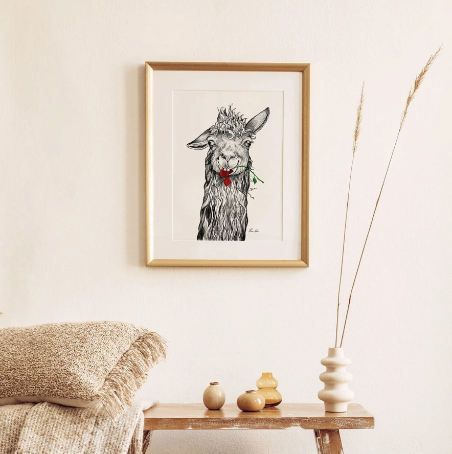 Premium Art Print - Steven the Llama chewing a Red Rose