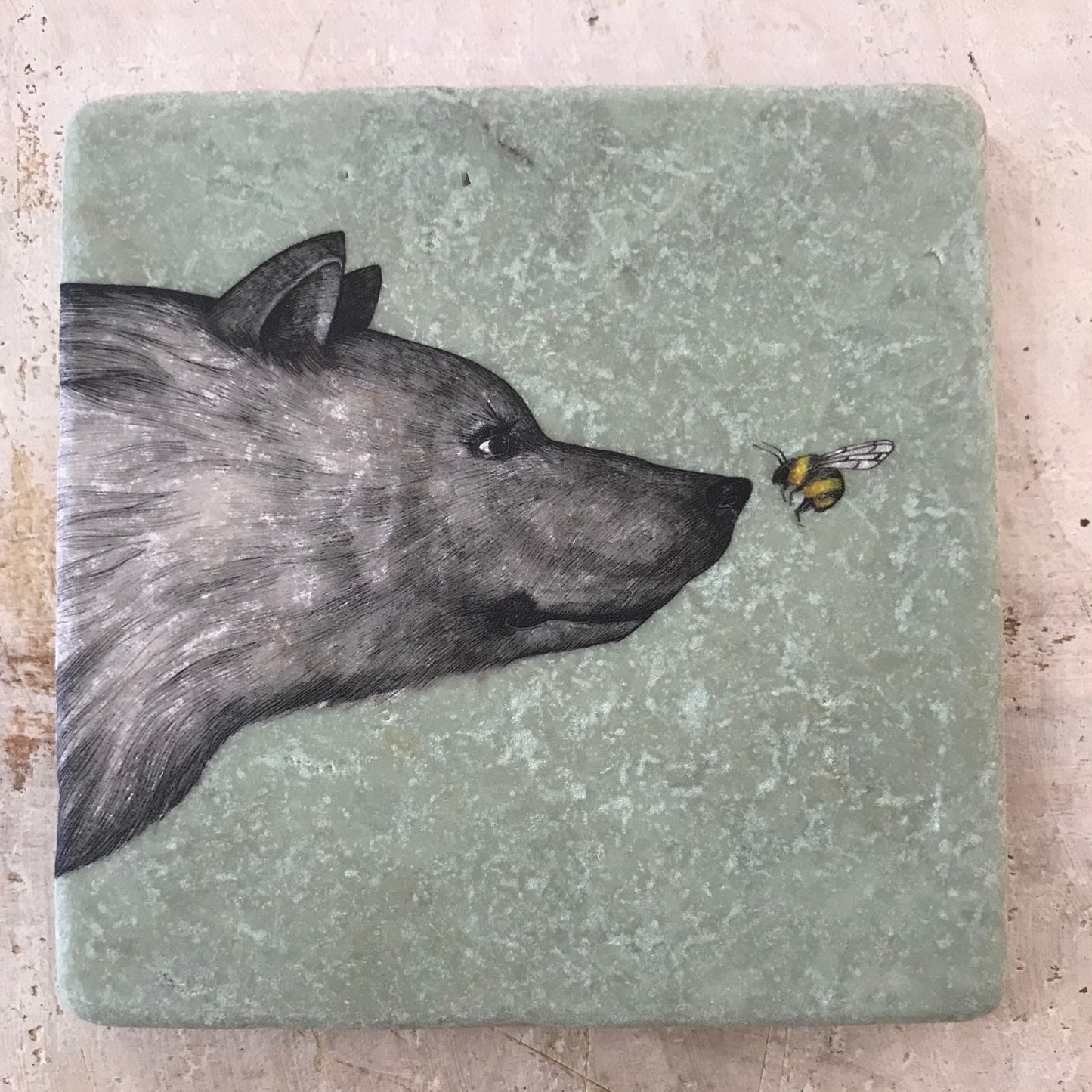 Natural stone art tiles SET OF THREE “Bear & Bee/ Bees / flowers