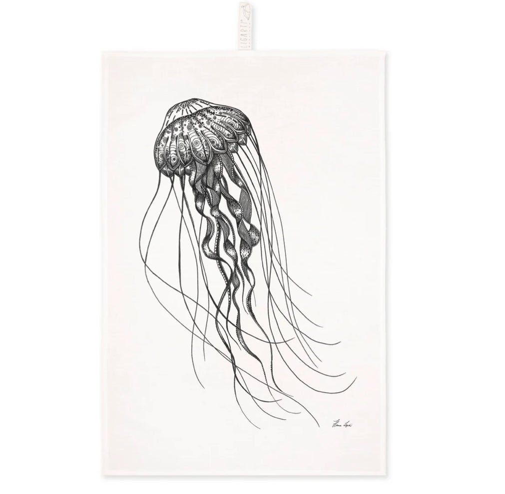 Tea Towel - Jellyfish - 🌿 Half linen kitchen towel (55% linen / 45% cotton )