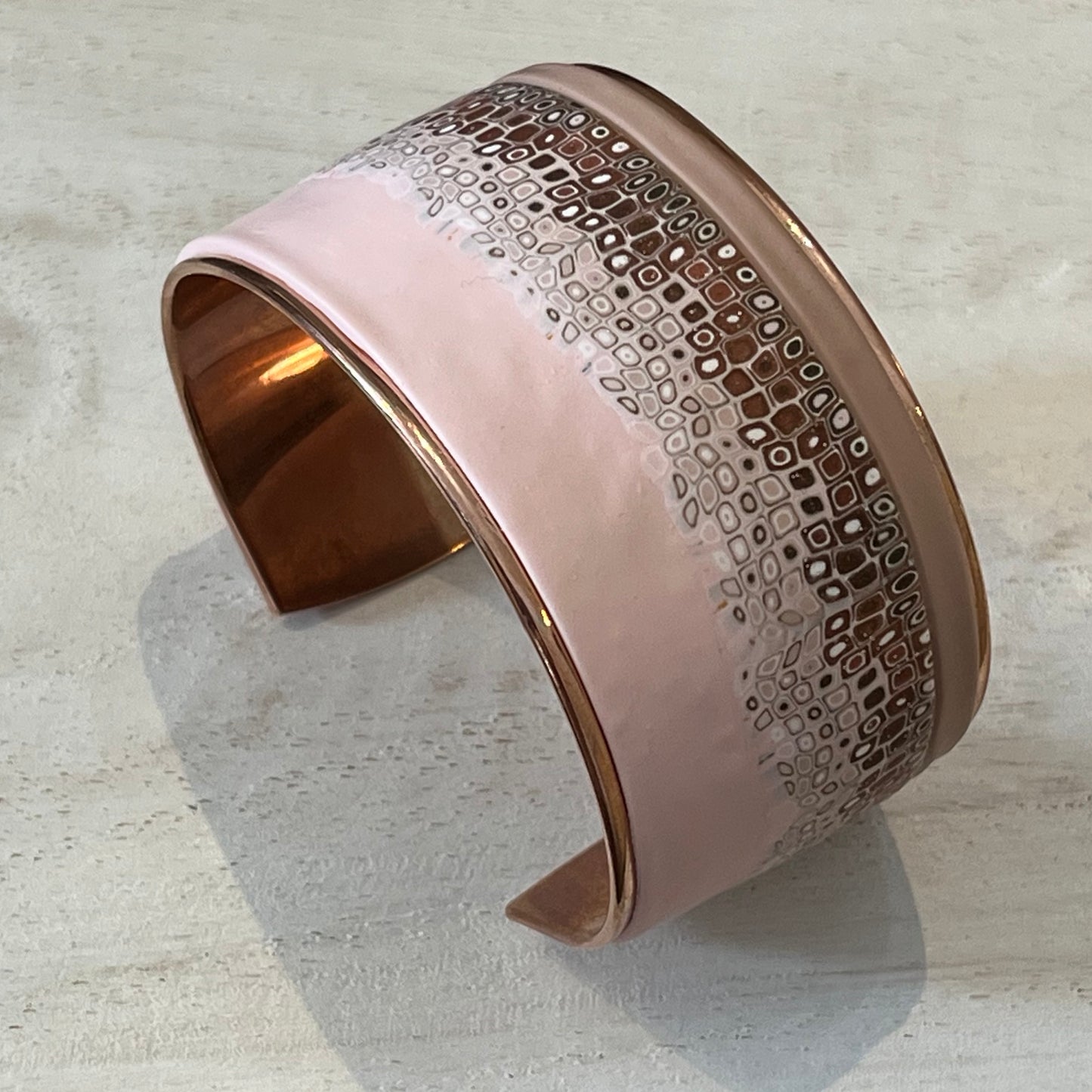 Rose Gold Mosaic Cuff by Stephanie Fraselle – Handmade Polymer Clay in Soft Pink on Sculptural Plated Brass