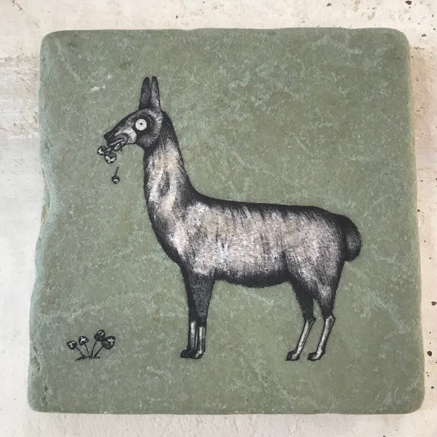 Natural stone art tile “Llama chewing flowers”