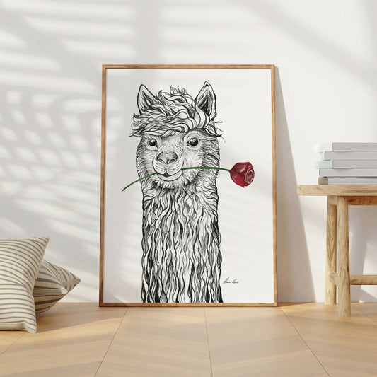 Premium Art Print - Llama Red Rose