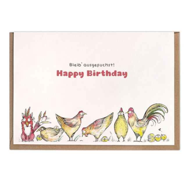 Fox disguised as a chicken- Happy Birthday, Stay clever!- Blank Greeting card-„Bleib’ Ausgefuchst!“