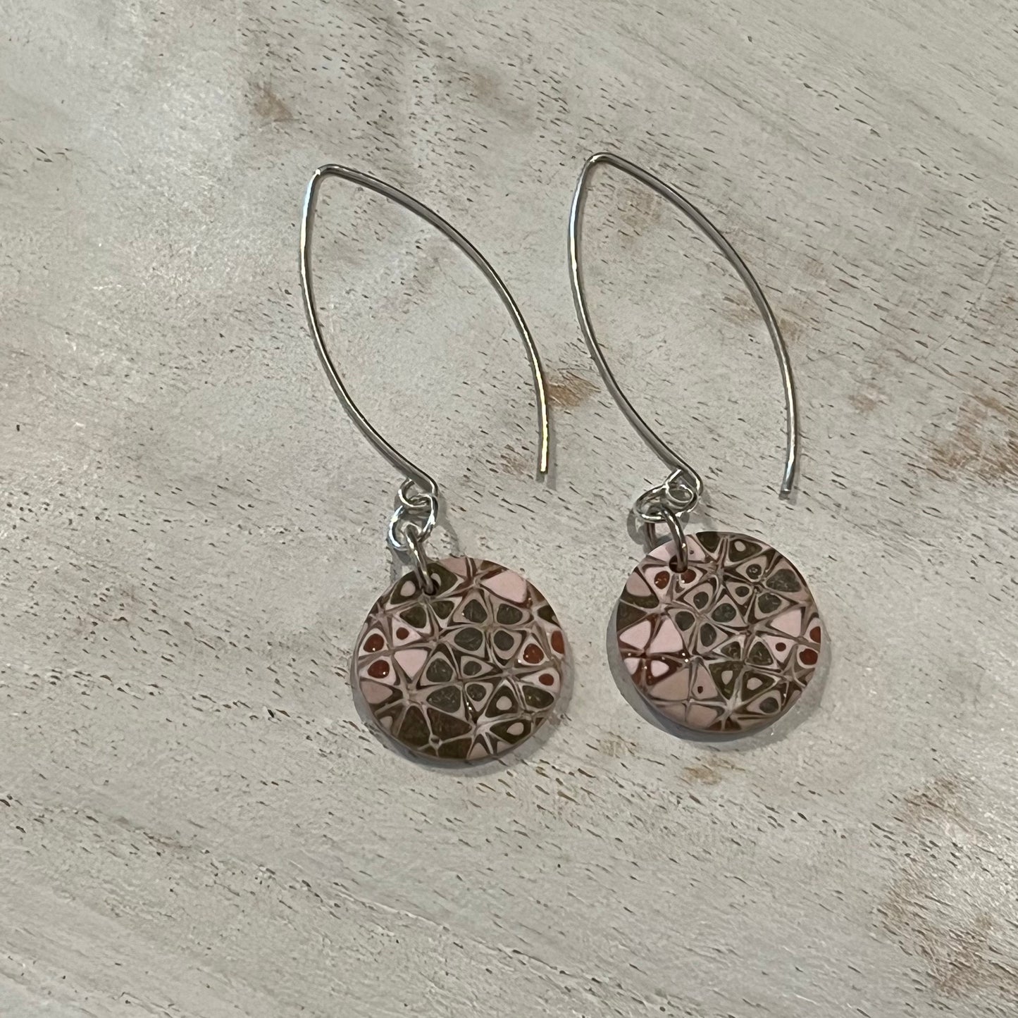 Rose Mosaic Drop Earrings by Stephanie Fraselle – Handmade Polymer Clay in Pale Pink and Gold with Sterling Silver Hooks