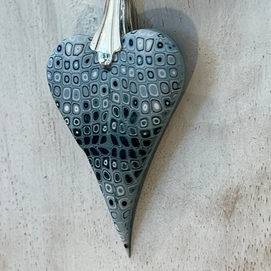 Curved Sculpted Heart pendant by Stephanie Fraselle, handmade in layered polymer clay on a sterling silver chain