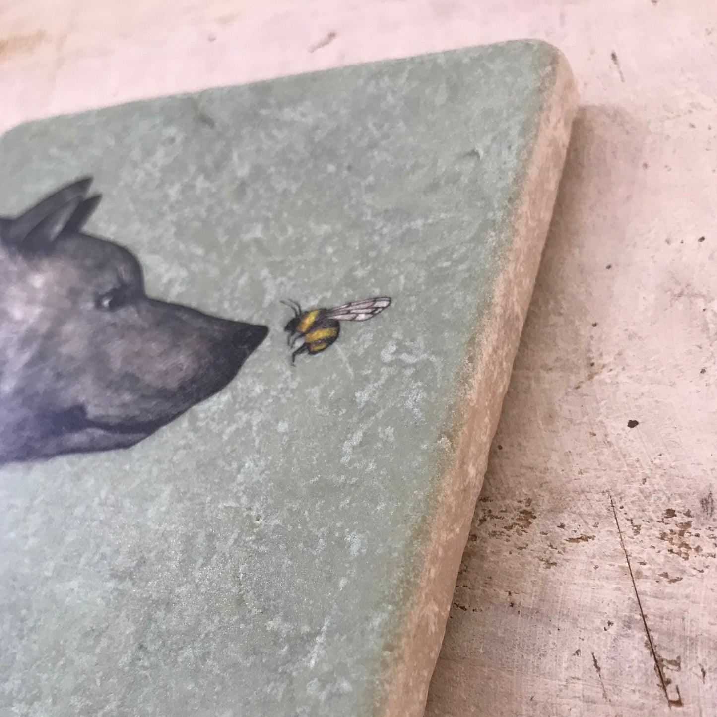 Natural stone art tiles SET OF THREE “Bear & Bee/ Bees / flowers