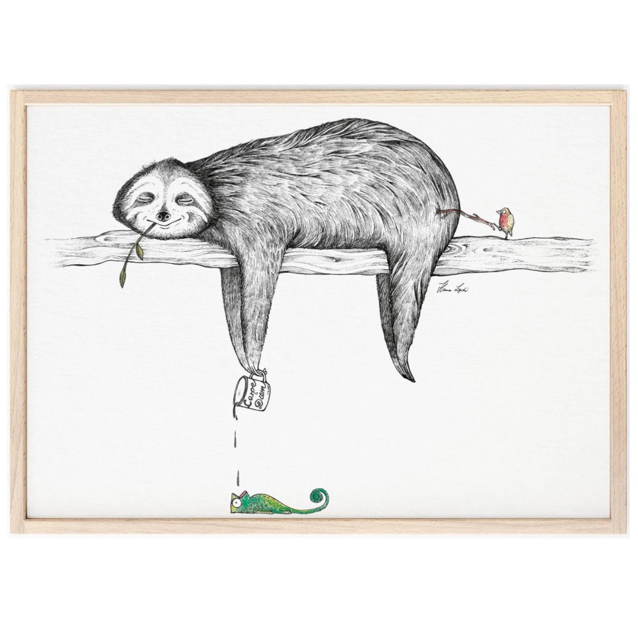 Unframed art print of a relaxed sloth hanging on a log, holding a ‘Carpe Diem’ cup dripping onto a chameleon, while a small bird pokes the sloth’s bottom.