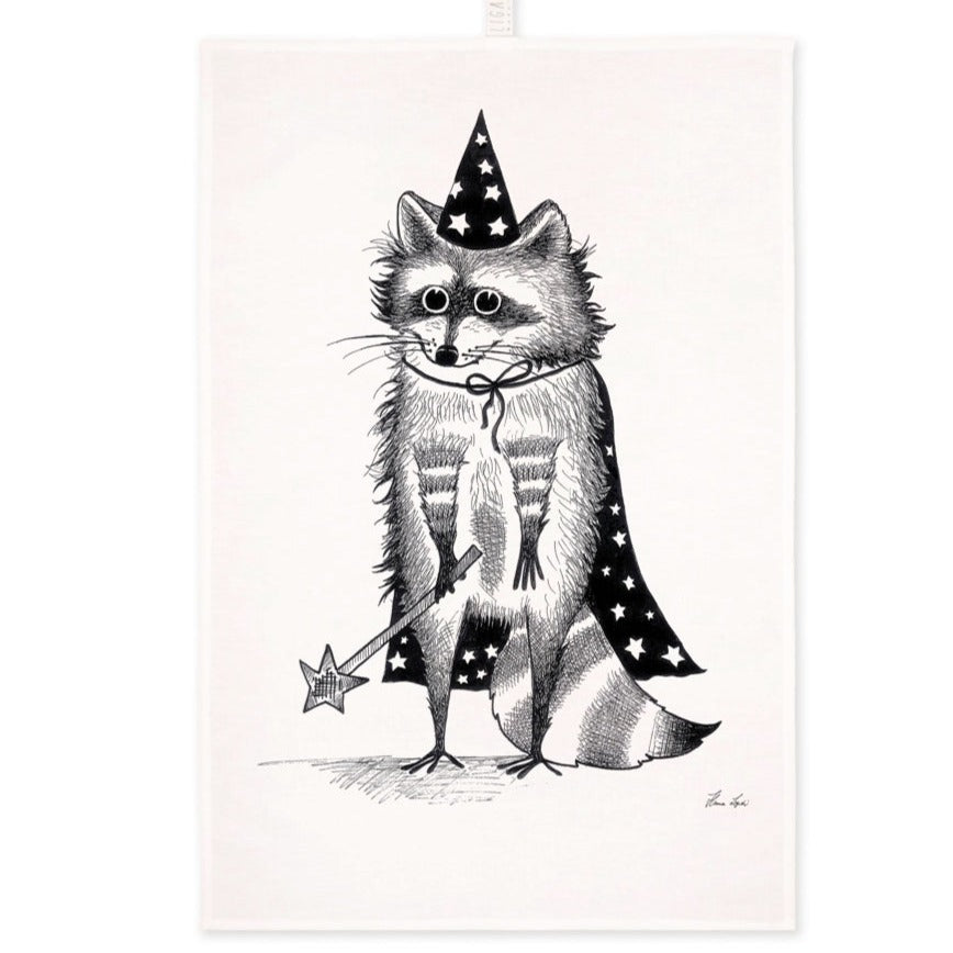 Tea Towel - Raccoon Magician- 🌿 Half linen kitchen towel (55% linen / 45% cotton)