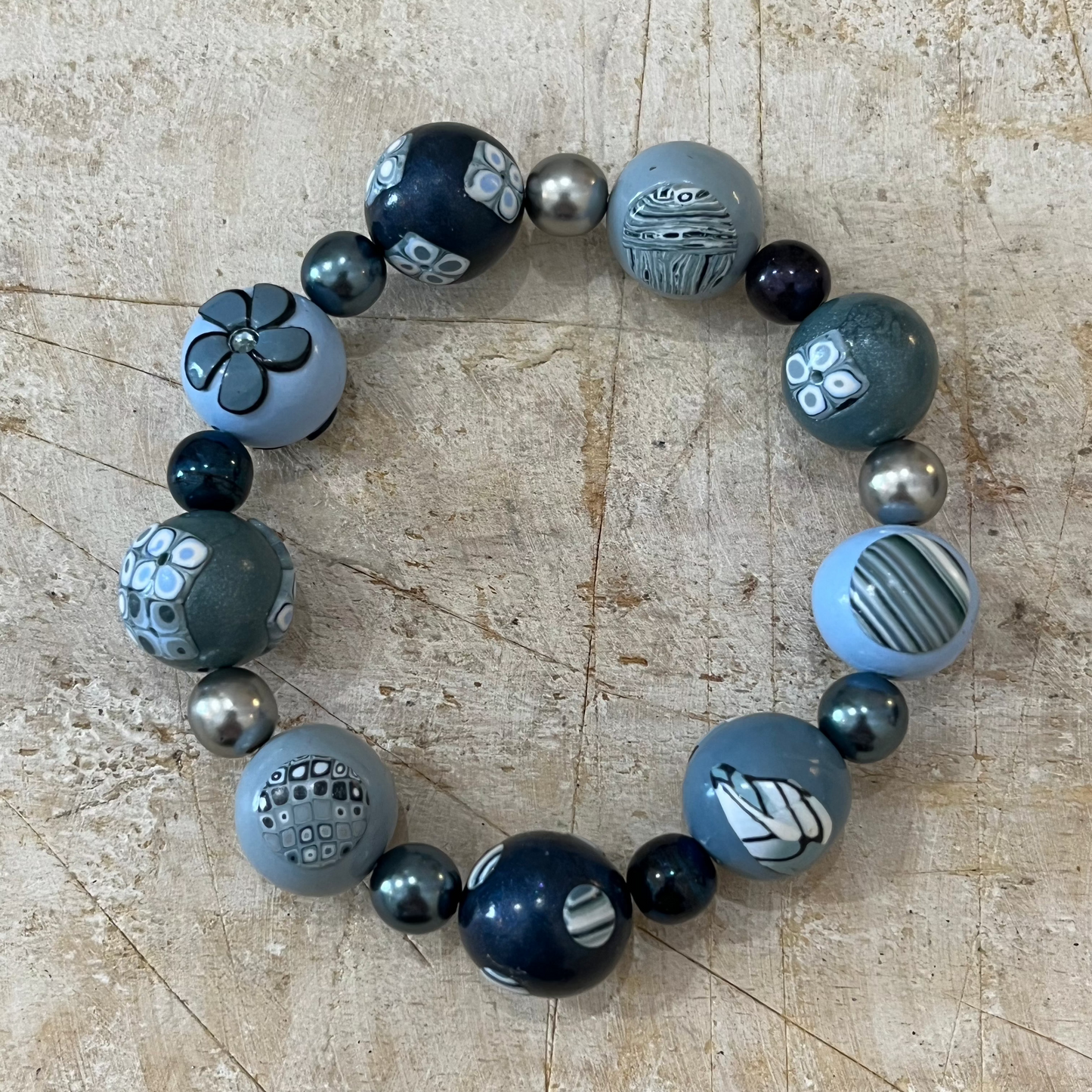 Blue Denim Handcrafted Beaded Bracelet - by Stephanie Fraselle. Artisan Jewellery Design