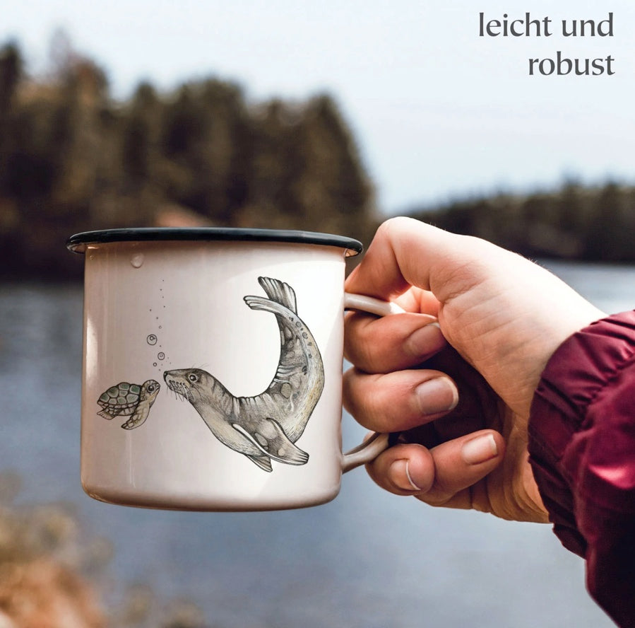 Robust and Light Enamel cup - Playful Ocean encounter with a Sea Lion and Turtle