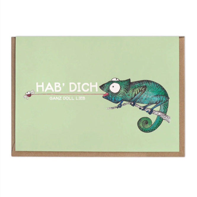 Chameleon- Blank Greeting card- "Hab´ dich Ganz doll lieb." ("I love you so, so much.")