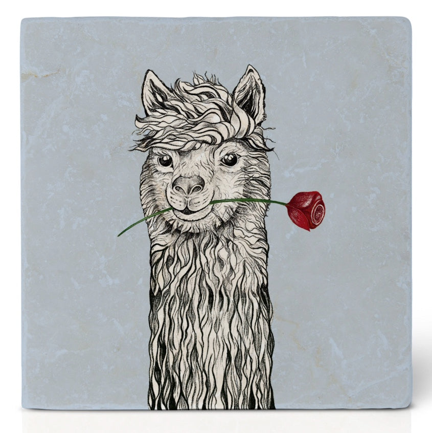 Natural stone art tile "Llama" Red Rose Romance