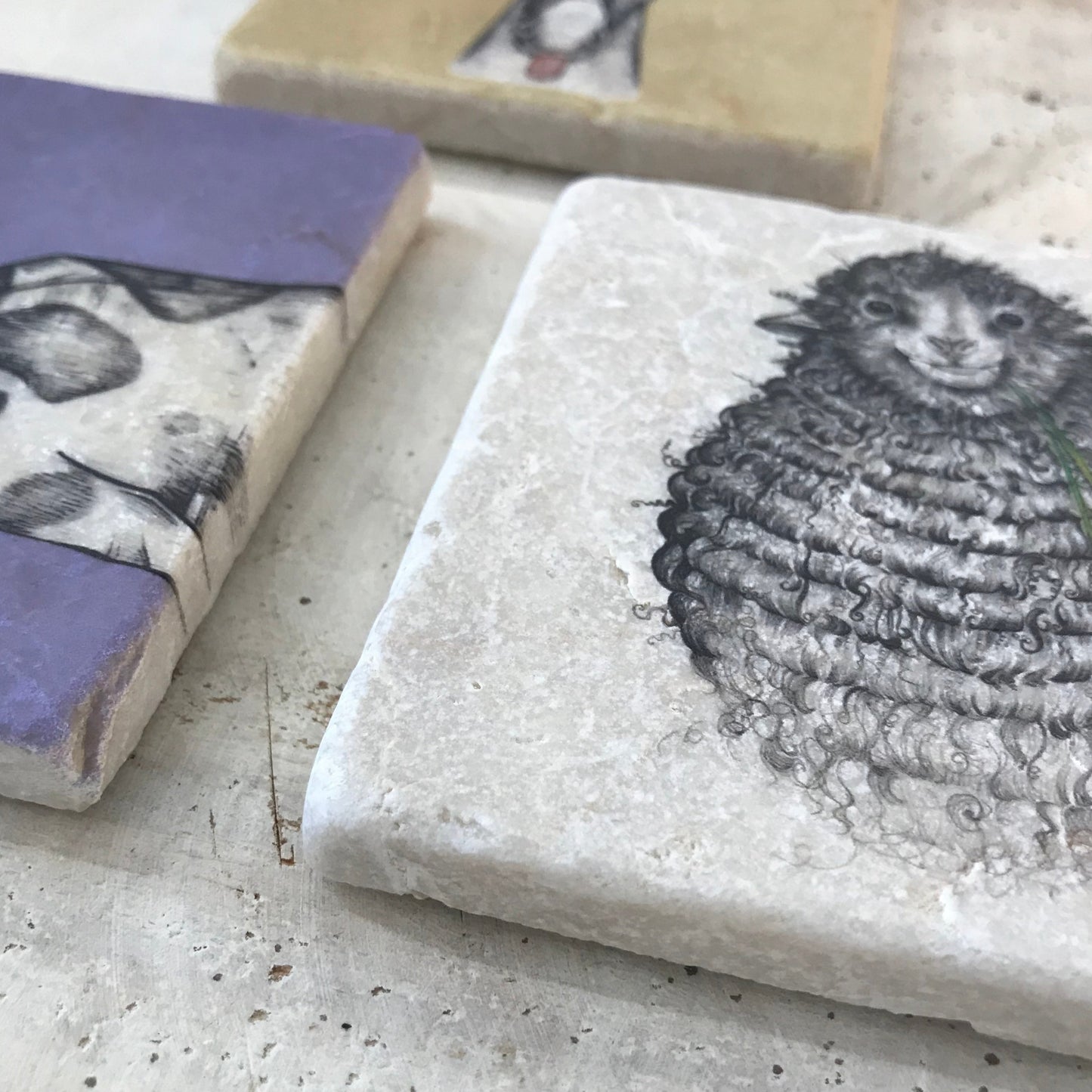 Natural stone art tiles SET OF THREE “Donkey burro/Rita /Wilfred the sheep”