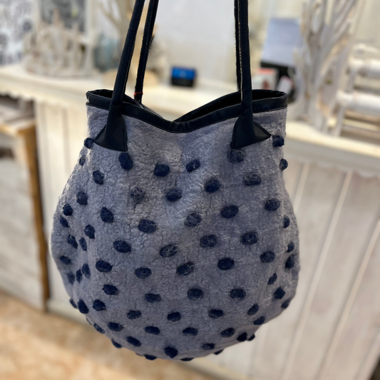 Rare handcrafted Nuno-felted Blue Pebbled Bag with deep tuareg blue pebbles on shabby grey-blue wool base