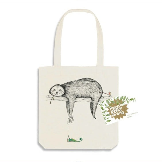 Natural creamy-coloured eco-friendly jute ART bag with SLOTH-inspired screen-printed designs by artist Hanna, made from 80% recycled cotton