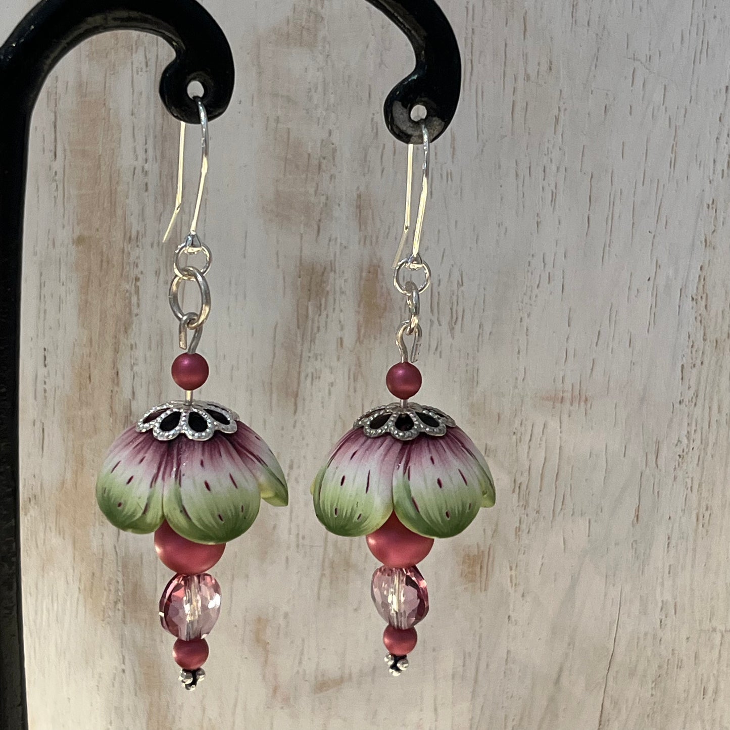 Blossom polymer clay floral earrings with Swarovski crystals and sterling silver stems, handcrafted by Stephanie Fraselle in the Enchanted Garden Collection