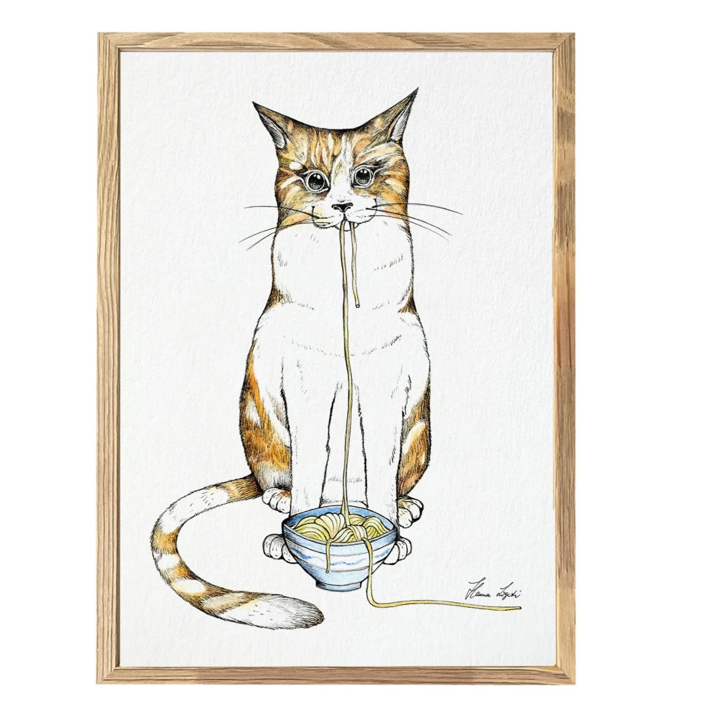 Premium Art Print - Cat loves Ramen