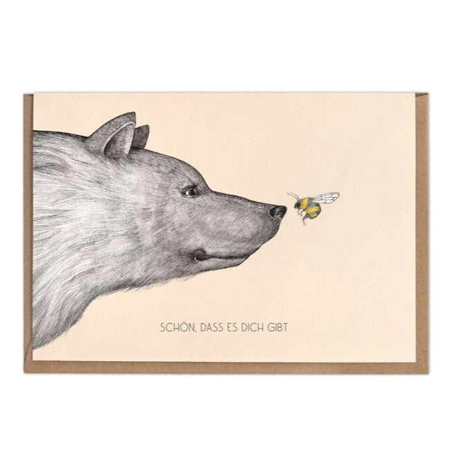 The Bear and the Bee encounter- Blank Greeting card- "Schön, dass es dich gibt" ("So Glad You Exist"