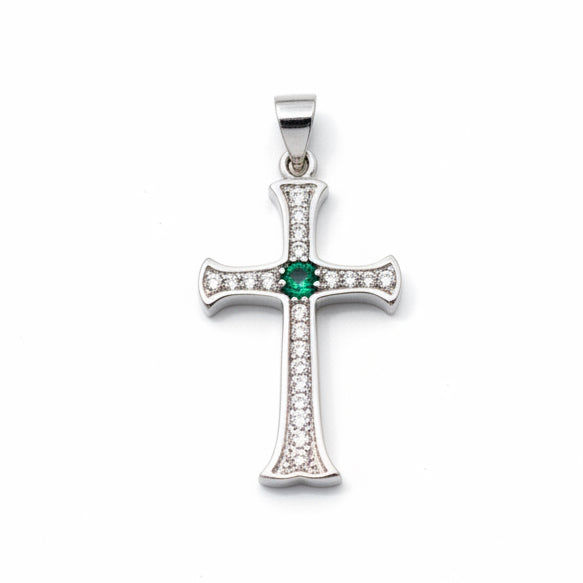 Emerald Quartz Cross & White Topaz 925 Solid Sterling Silver Pendant 3.5cm