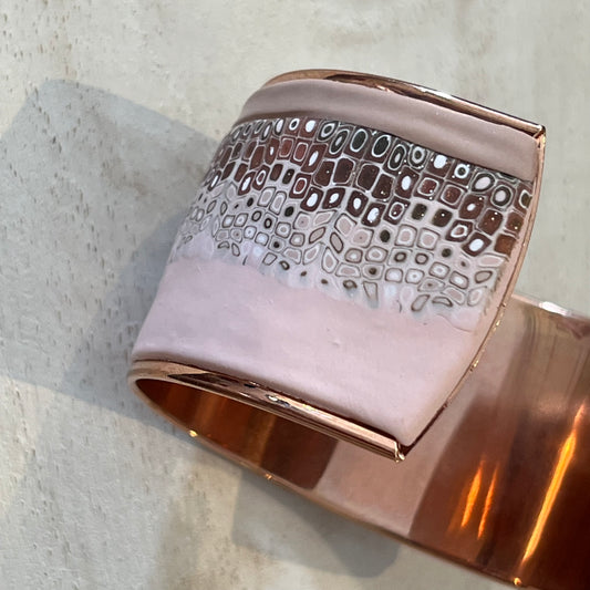 Rose Gold Mosaic Cuff by Stephanie Fraselle – Handmade Polymer Clay in Soft Pink on Sculptural Plated Brass