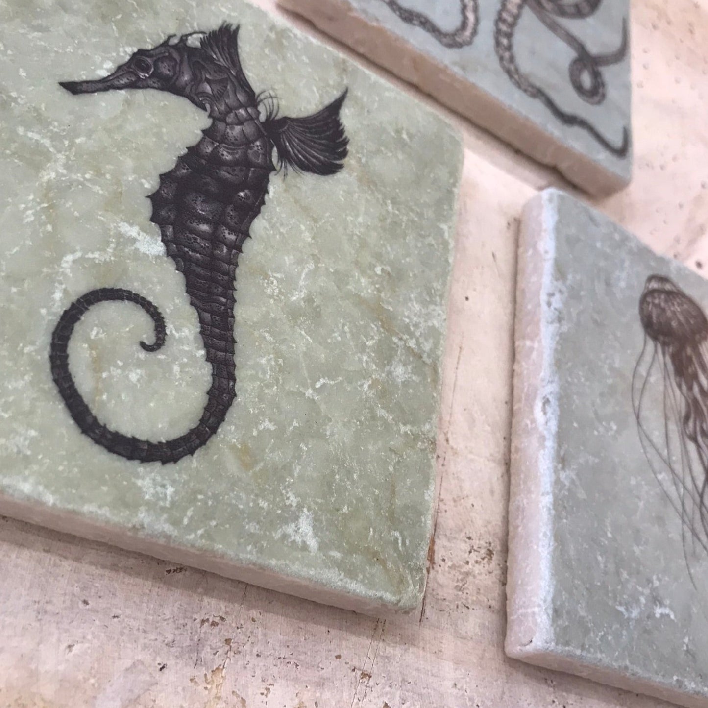 Natural stone art tiles SET OF THREE “Octopus / Sea horse /Jellyfish ”