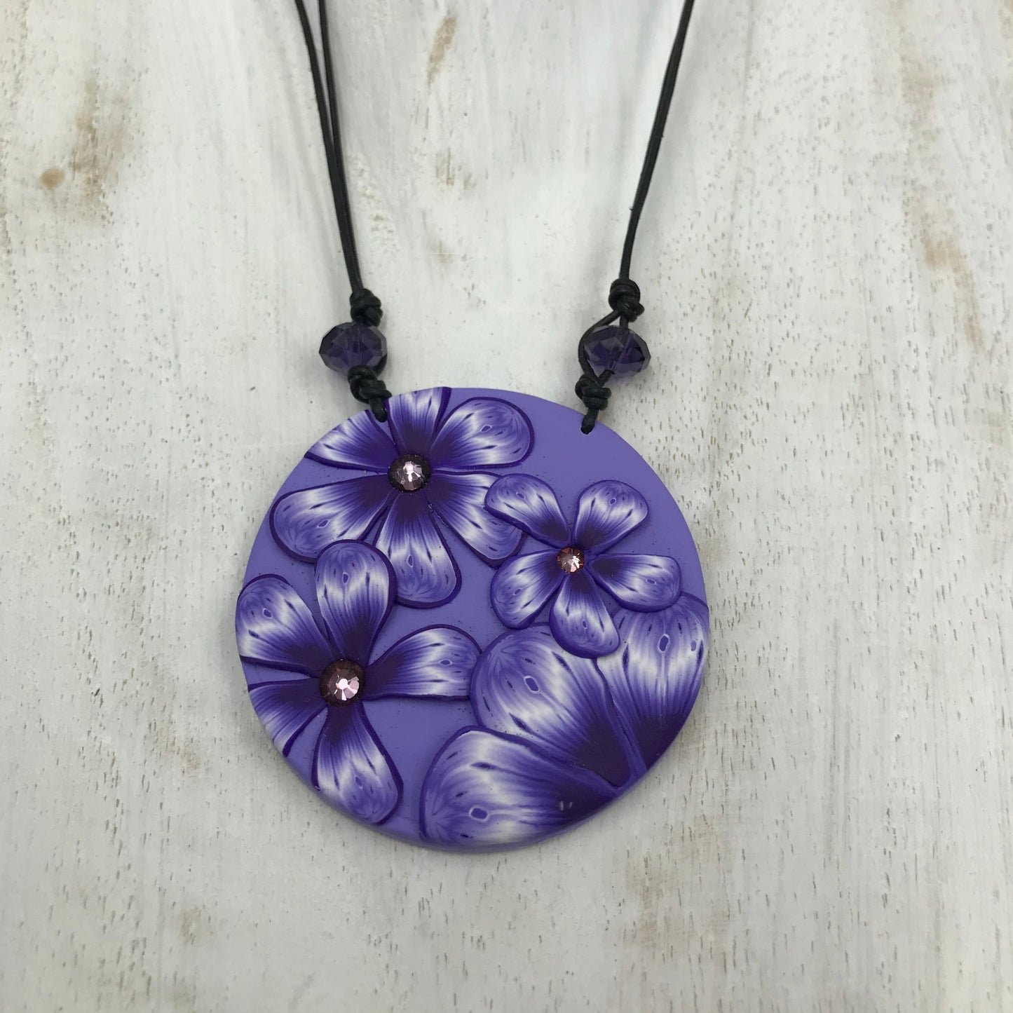 “Nerea” 5.7cm Round pendant - Swarovski crystals - Leather cord by Stephanie Fraselle - Artisan Jewellery Design