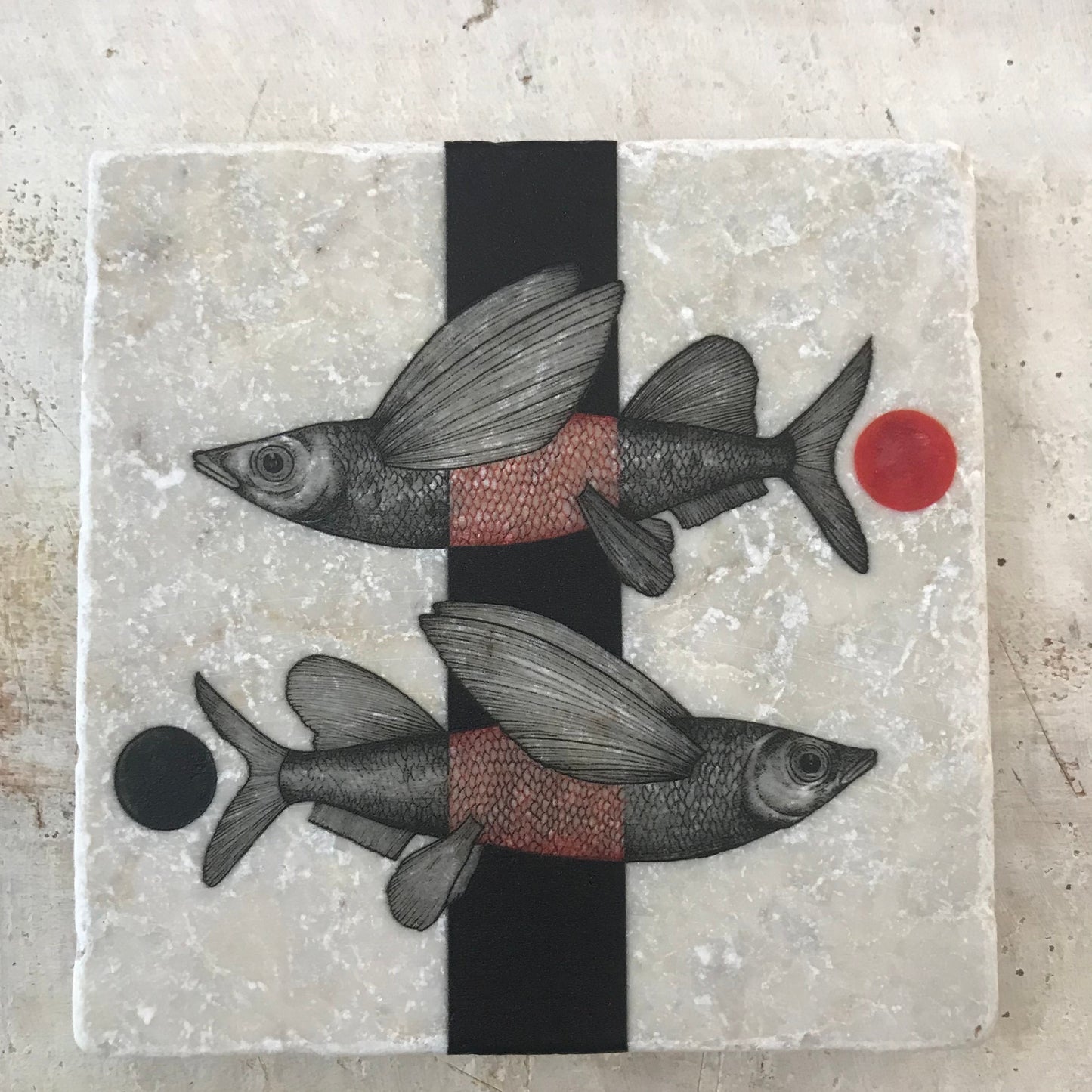 Natural stone art tile two “Flying fish”