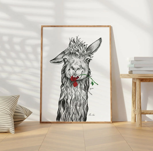 Premium Art Print - Steven the Llama chewing a Red Rose