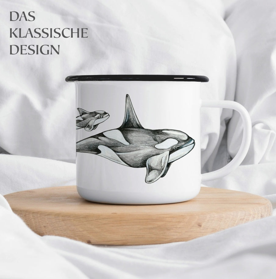 Robust and Light Enamel cup - Mother Orca with her little calf