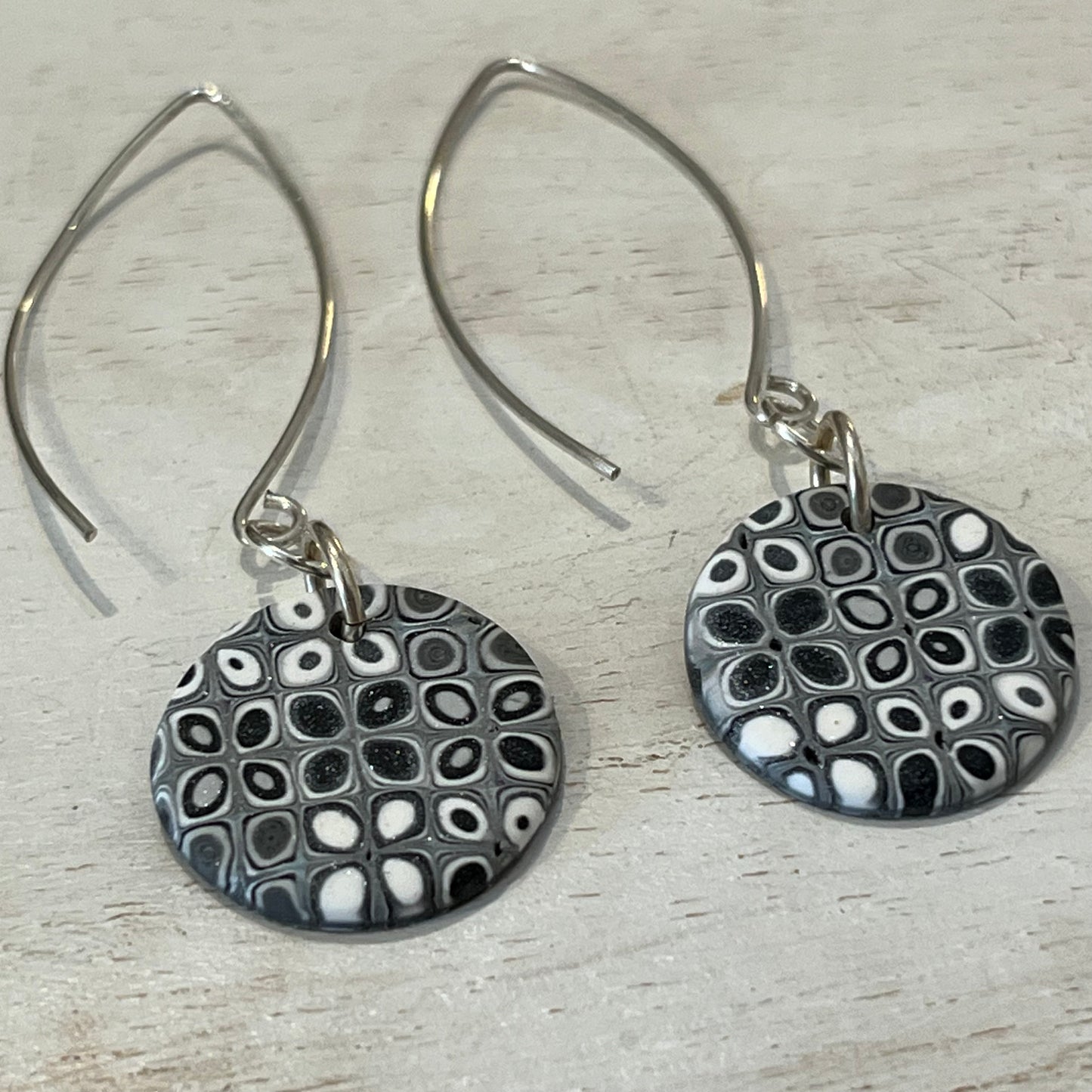 Moonlit Shimmer mosaic earrings in silver, grey, and white by Stephanie Fraselle handcrafted in Lanzarote