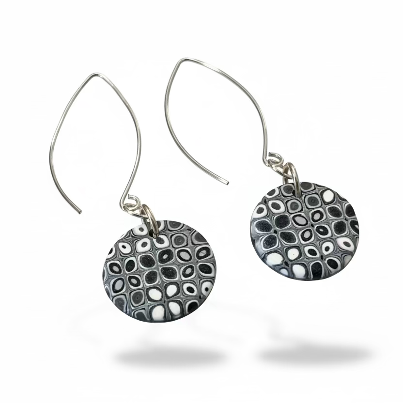 Moonlit Shimmer mosaic earrings in silver, grey, and white by Stephanie Fraselle handcrafted in Lanzarote