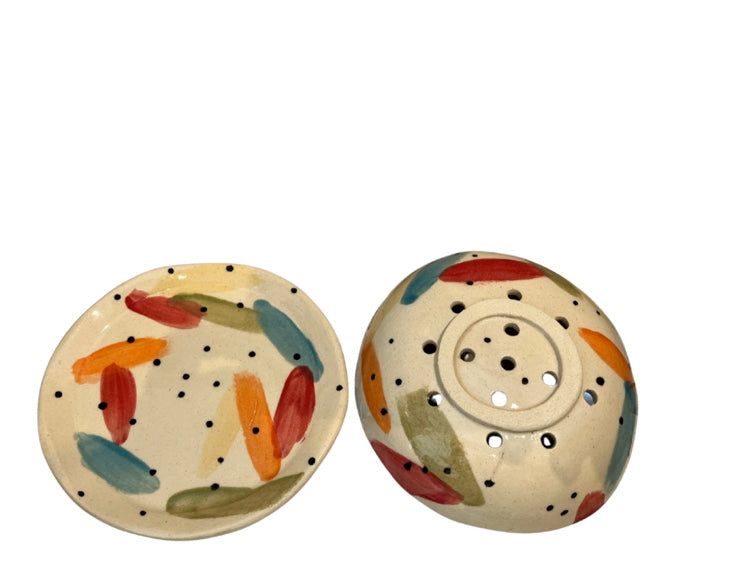 Handcrafted ceramic fruit colander with drip plate in colorful glaze from the Tutti series