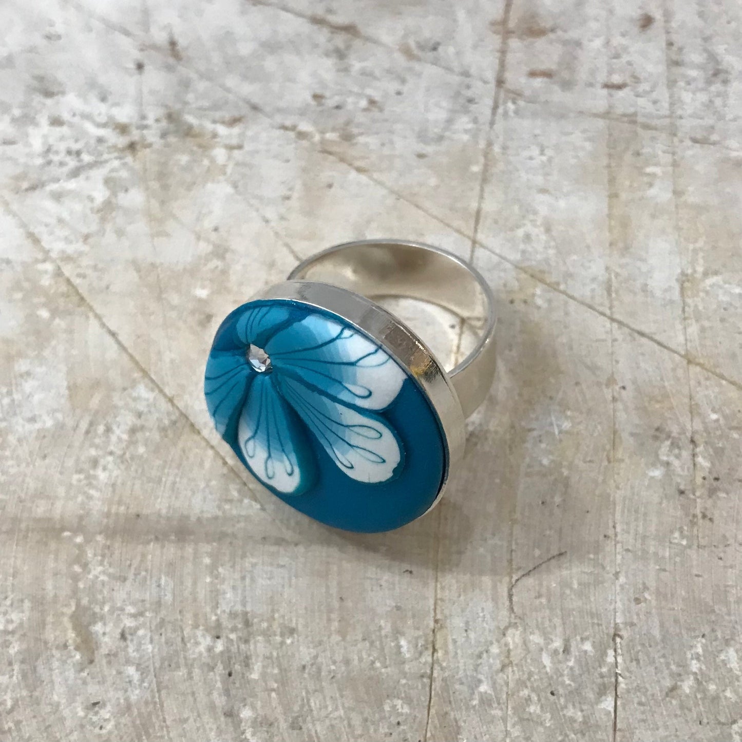 “Tranquil waters” Floral Ocean Round Adjustable 22mm ring by Stephanie Fraselle - Artisan Jewellery Design