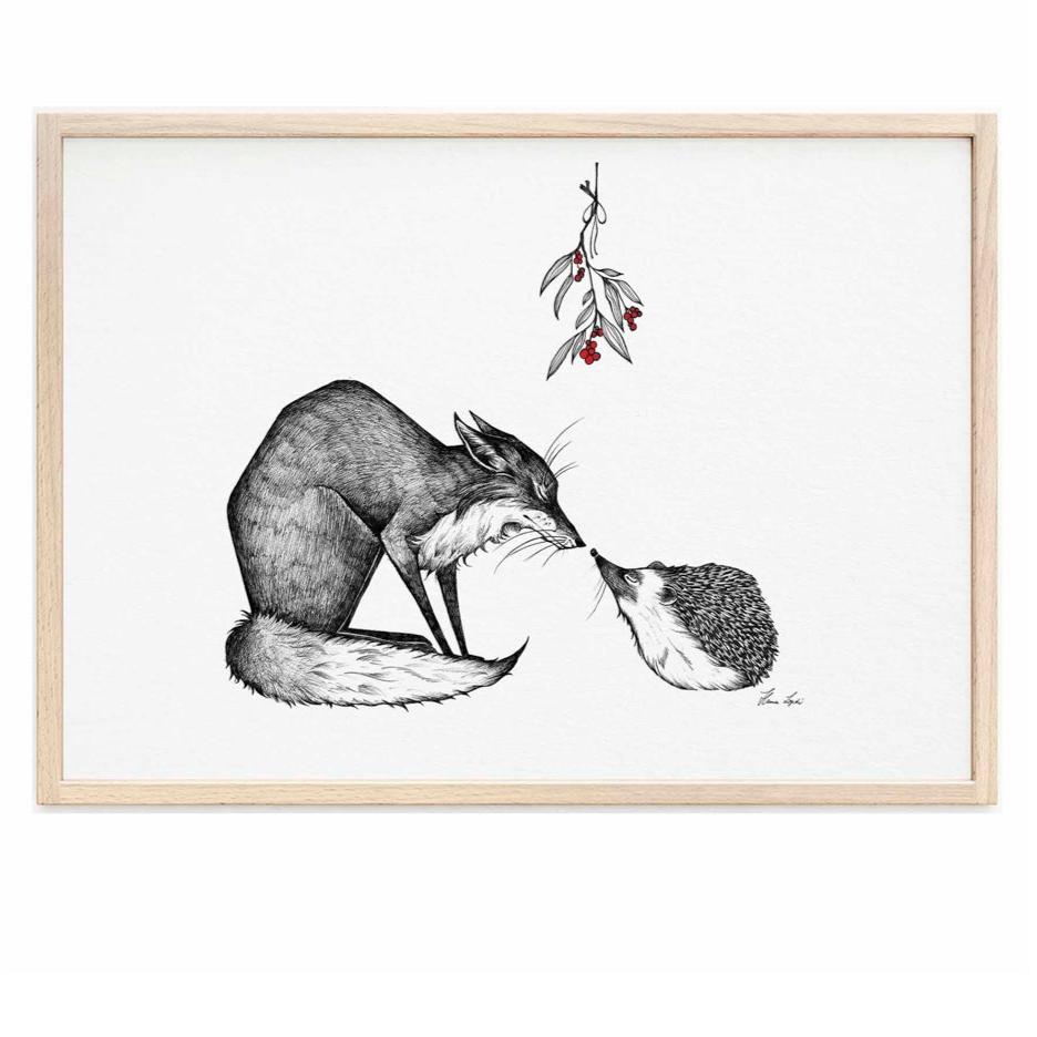 Premium Art Print - Mistletoe kiss Fox and the Hedgehog