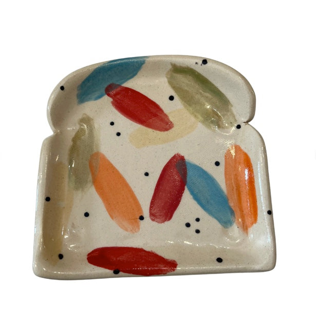 Handmade ceramic toast-shaped plate with colorful glaze from the Tutti collection