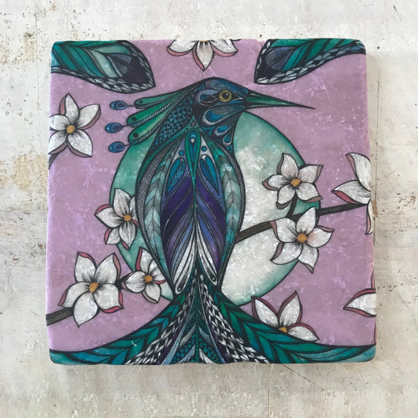 Natural stone art tile “Blueberry Divine bird 1”