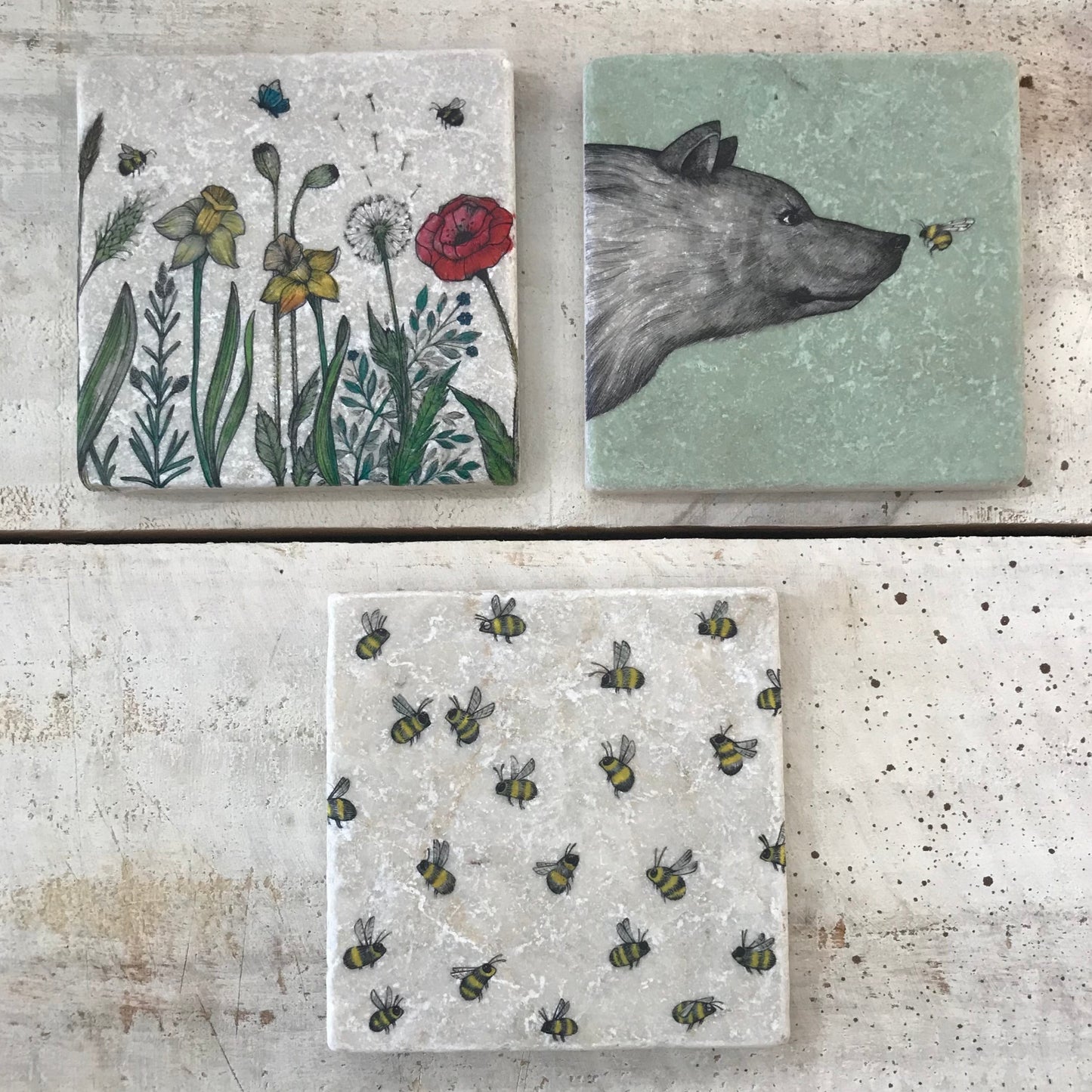 Natural stone art tiles SET OF THREE “Bear & Bee/ Bees / flowers