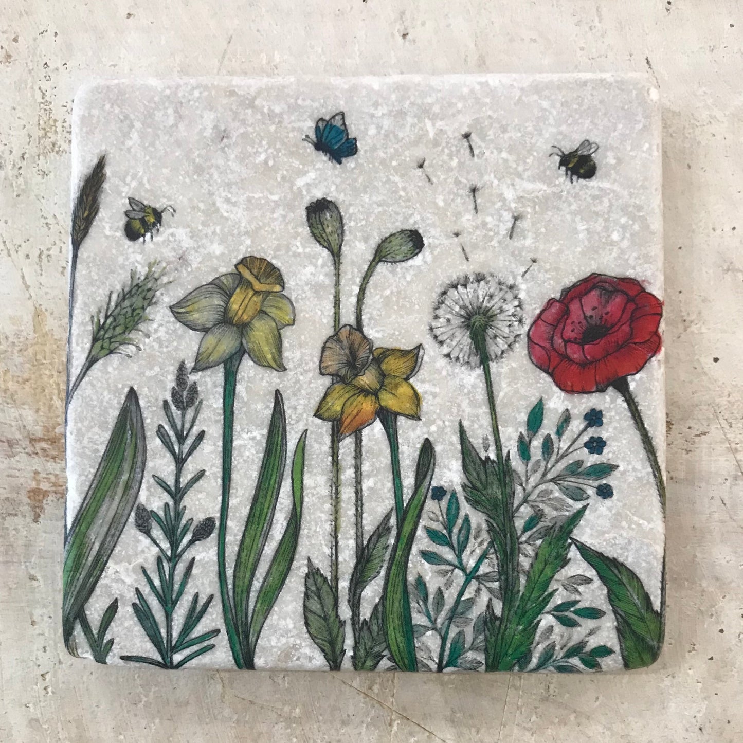 Natural stone art tiles SET OF THREE “Bear & Bee/ Bees / flowers