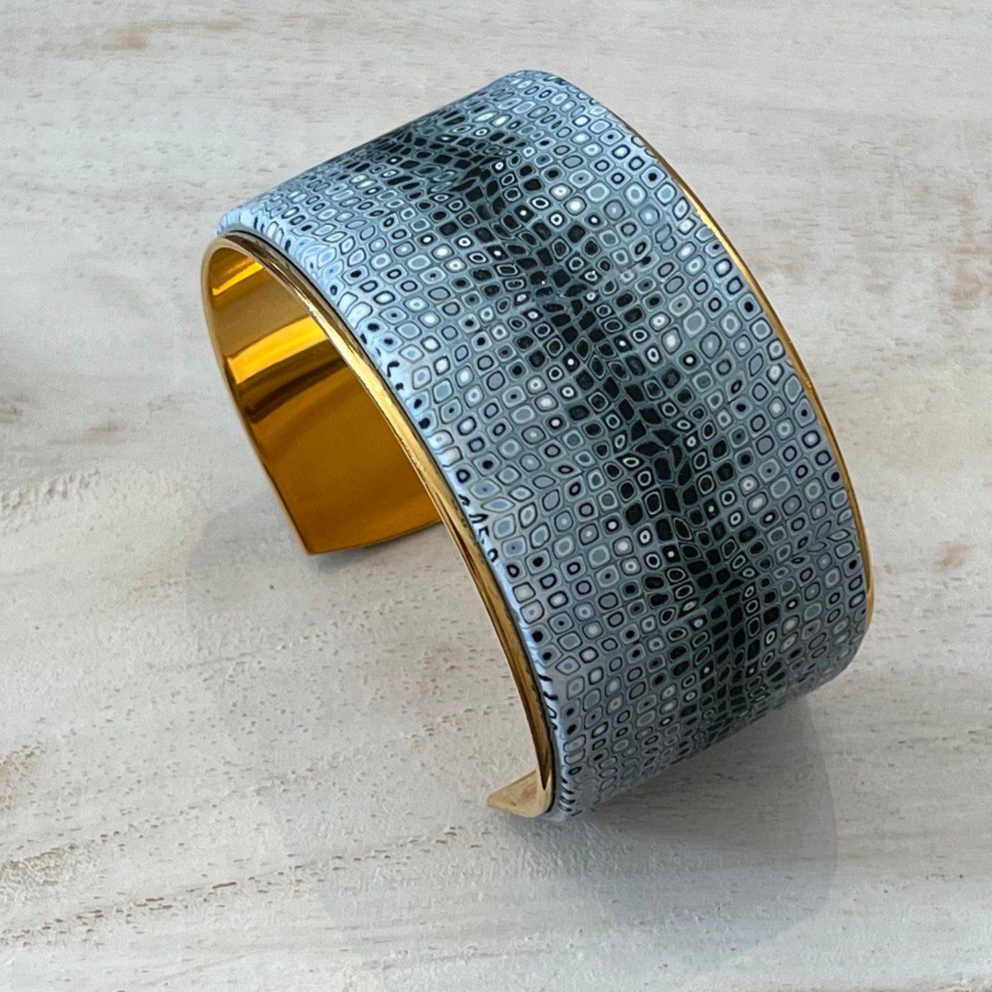 Sea Foam mosaic cuff bracelet by Stephanie Fraselle, handmade in polymer clay with 24k gold-plated brass
