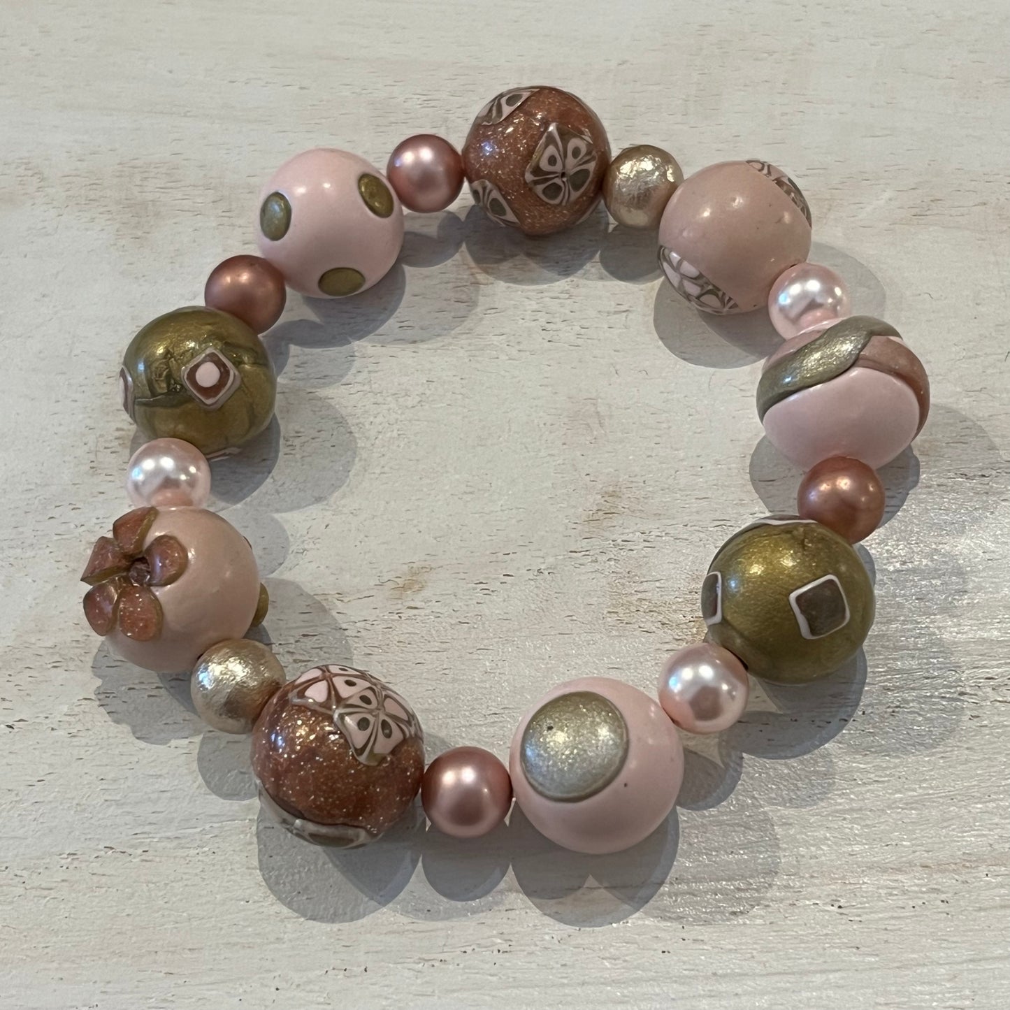 Rose Gold Empress Bracelet by Stephanie Fraselle – Handmade Beaded Polymer Clay Bracelet with Swarovski Accents