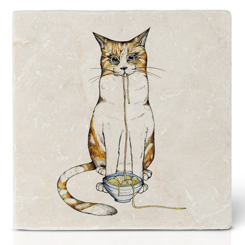 Natural stone art tile "Ramen Cat" Moew and Noodles
